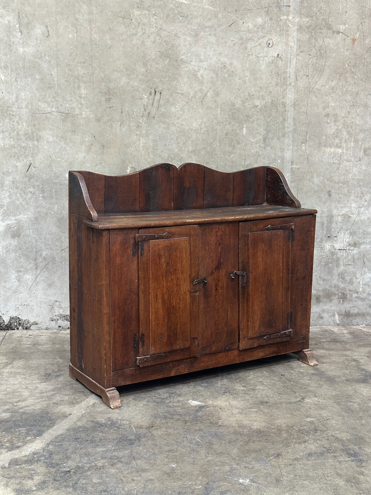 Antique Primitive Hardwood Cupboard, Scalloped Gallery, Hand-Forged Iron