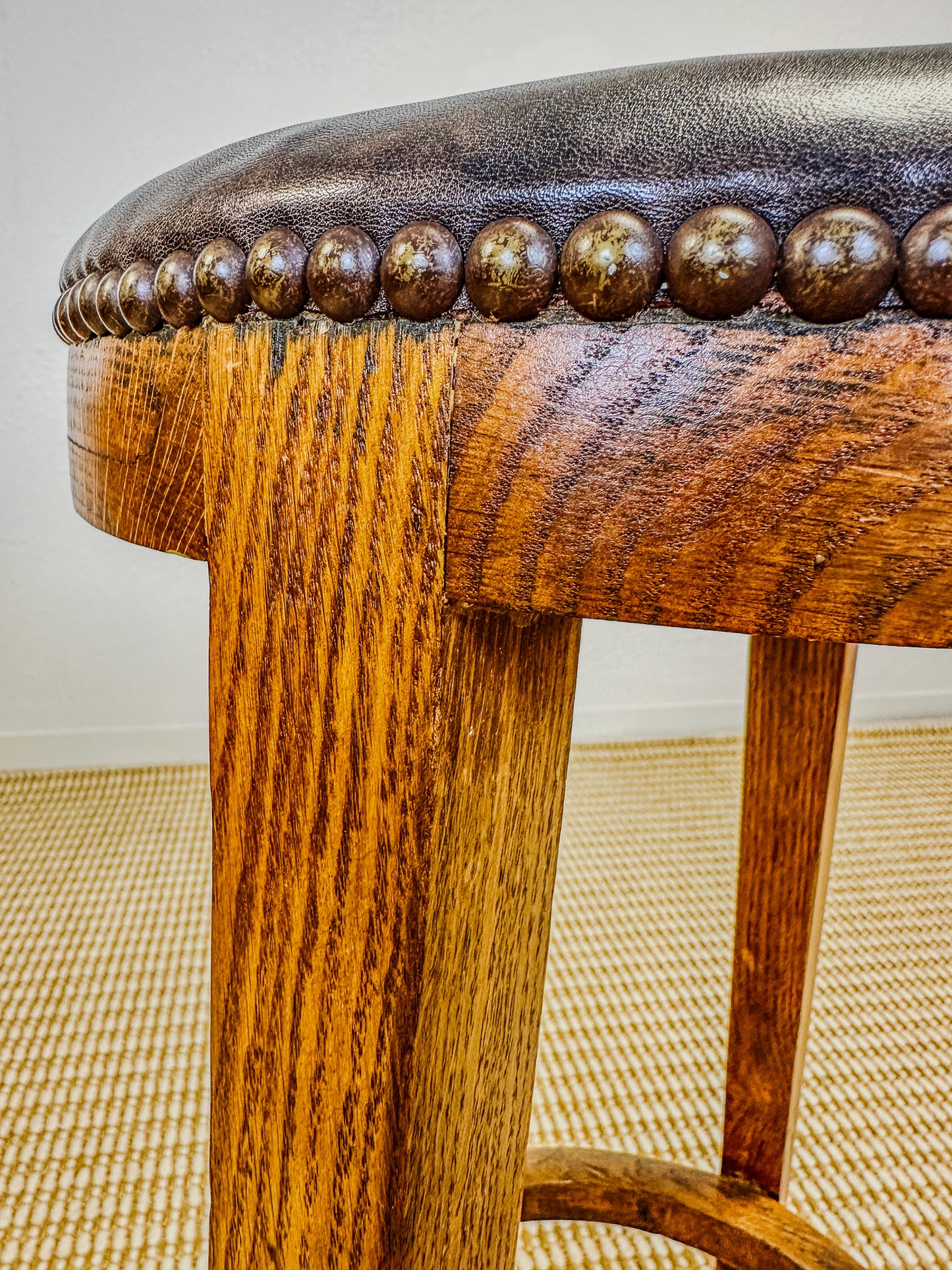 Set of Five Vintage French Barstools with Updated Leather Upholstery and Nailhead Trim