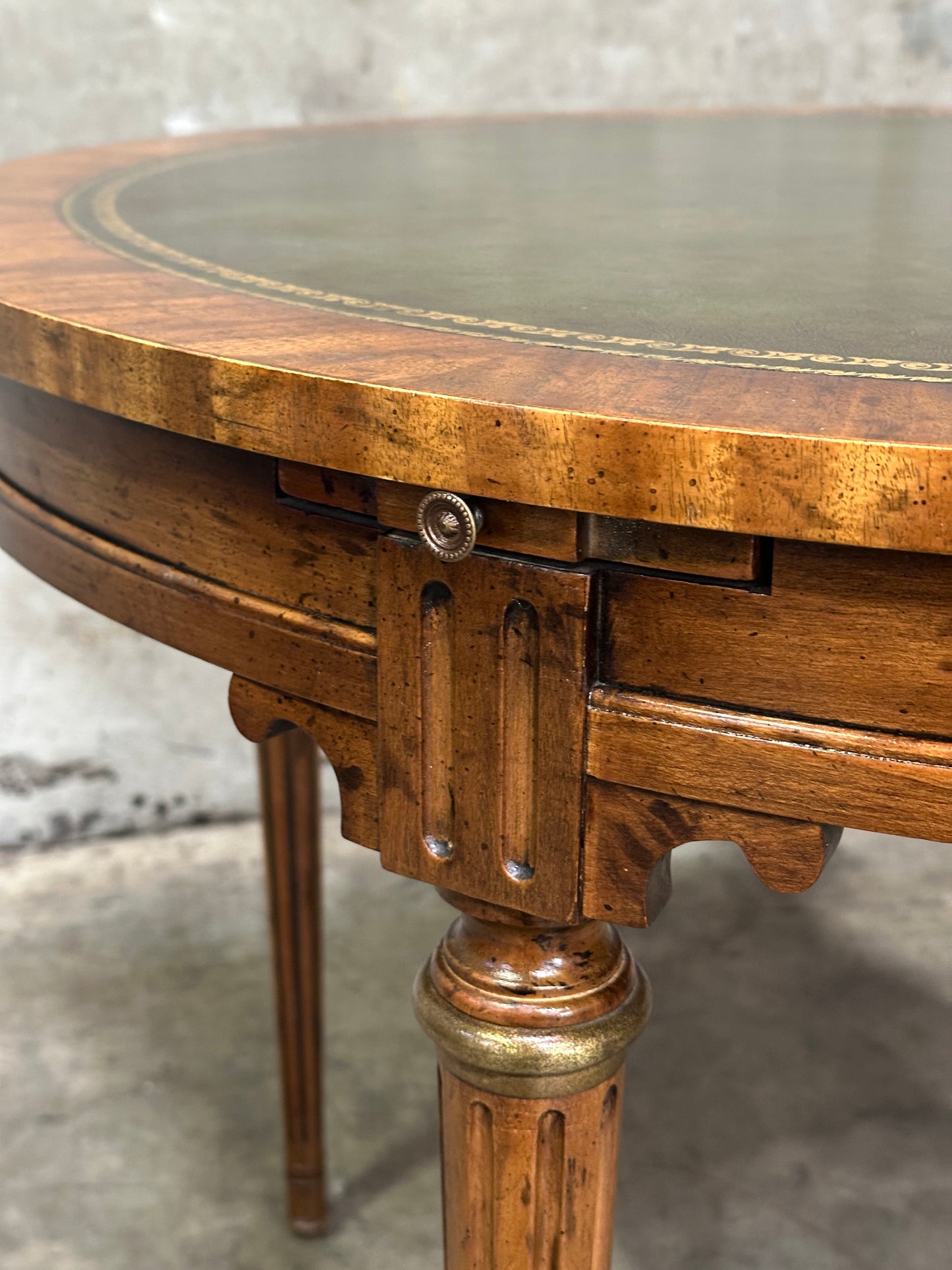 Drexel Heritage French Provincial Louis XVI Card Table, Green Leather Top, Oval