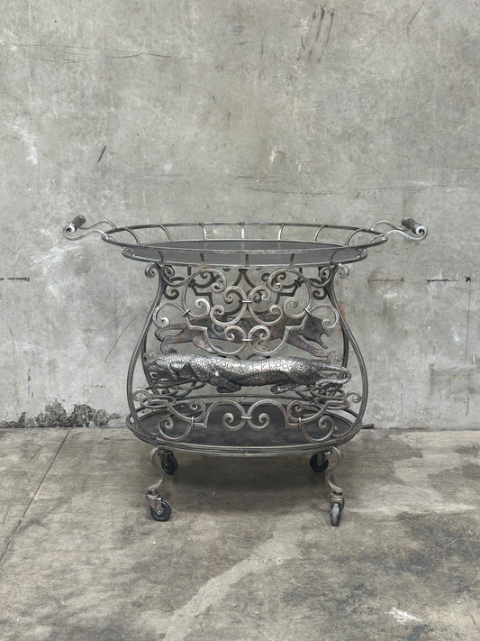 Janice Minor for Neiman Marcus Iron Bar Cart, Figural Lizard, Scrollwork