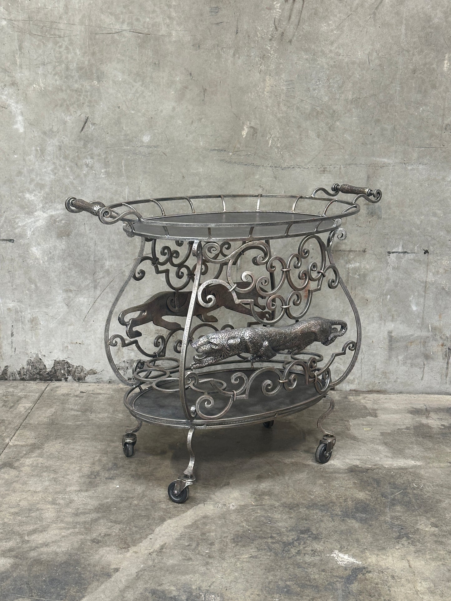 Janice Minor for Neiman Marcus Iron Bar Cart, Figural Lizard, Scrollwork
