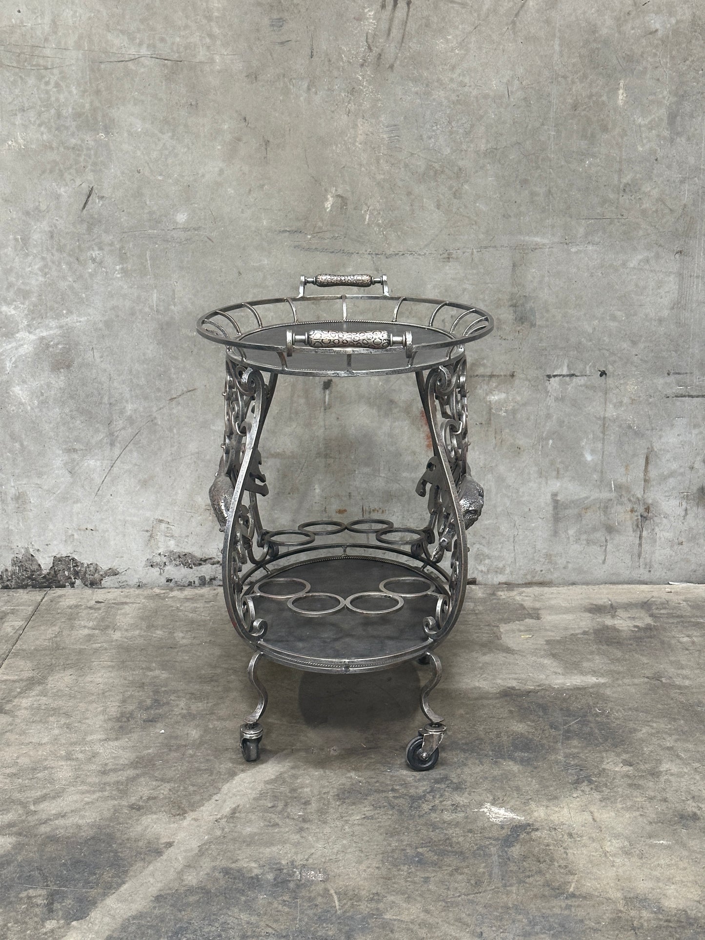 Janice Minor for Neiman Marcus Iron Bar Cart, Figural Lizard, Scrollwork