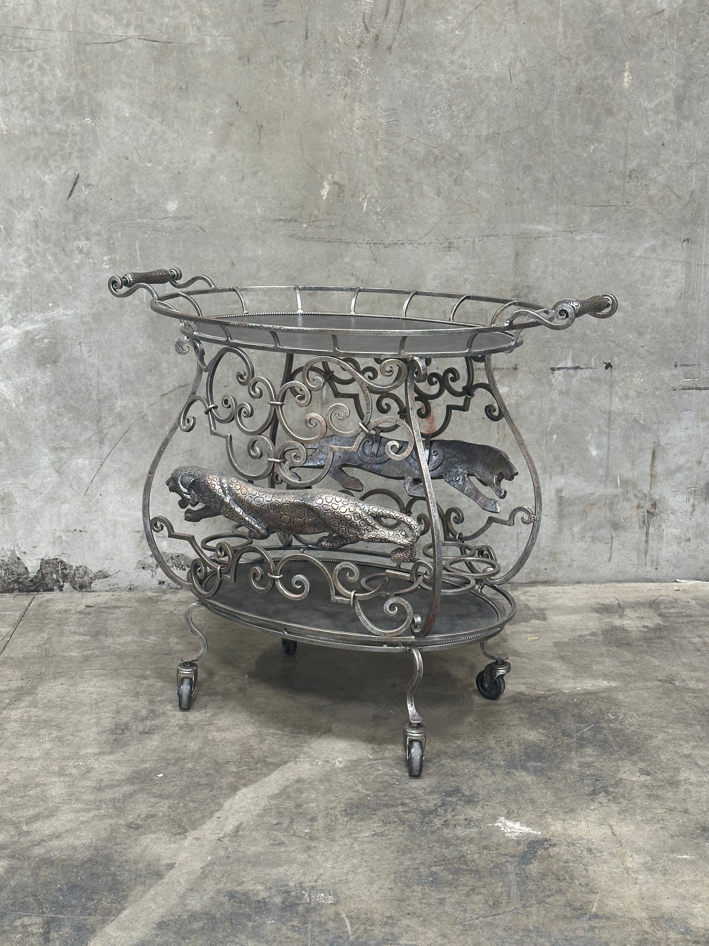 Janice Minor for Neiman Marcus Iron Bar Cart, Figural Lizard, Scrollwork