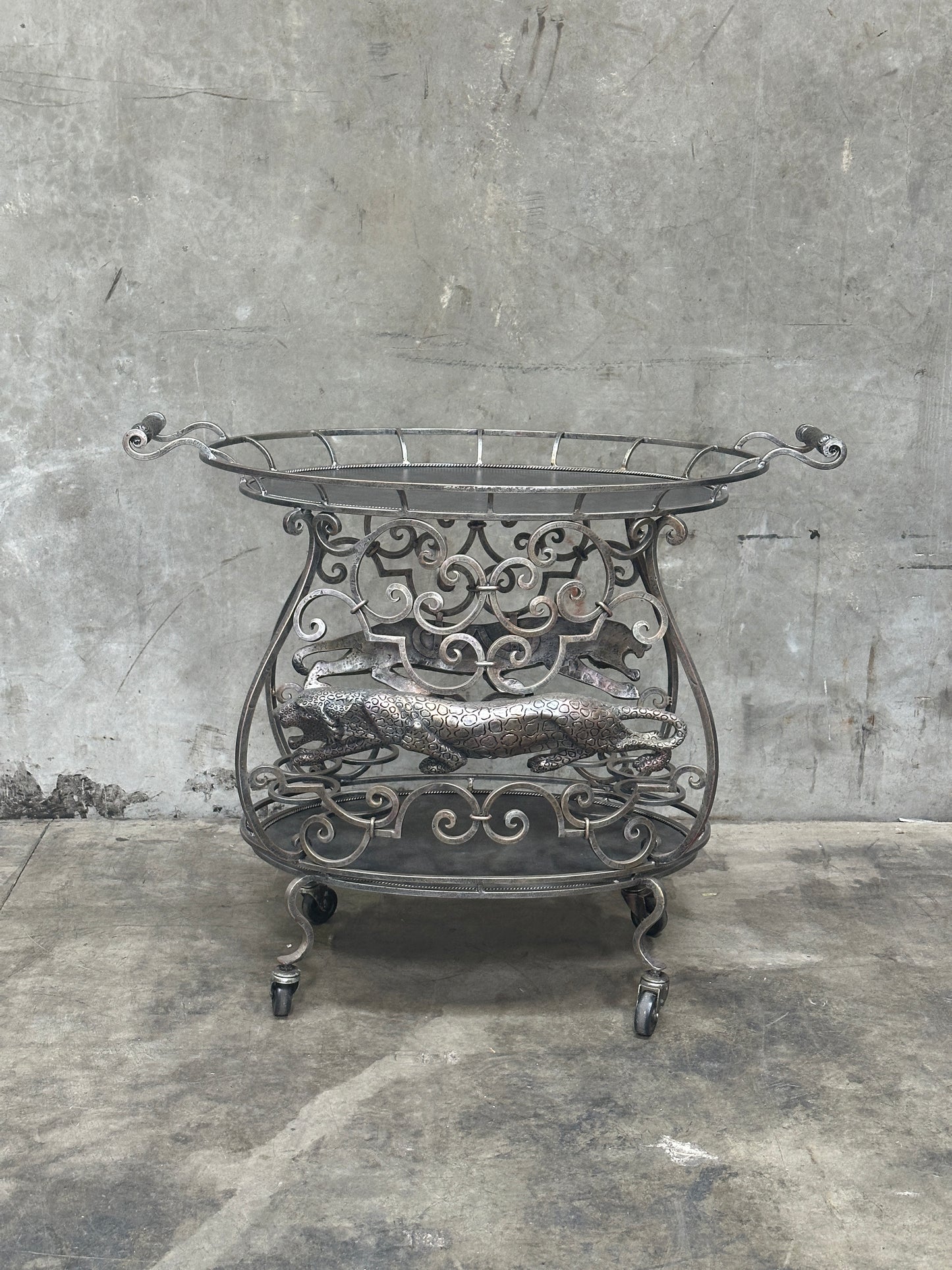 Janice Minor for Neiman Marcus Iron Bar Cart, Figural Lizard, Scrollwork