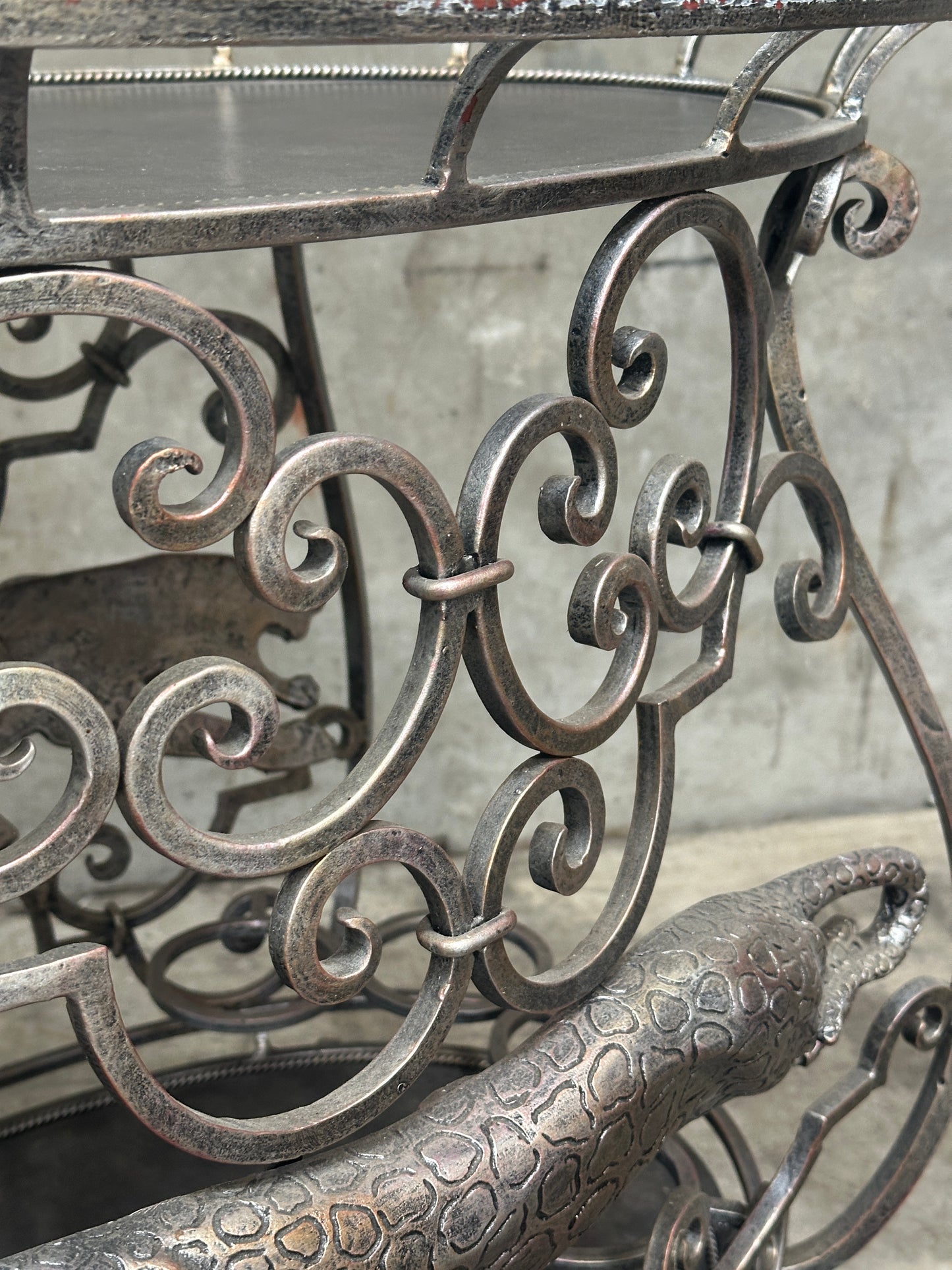 Janice Minor for Neiman Marcus Iron Bar Cart, Figural Lizard, Scrollwork