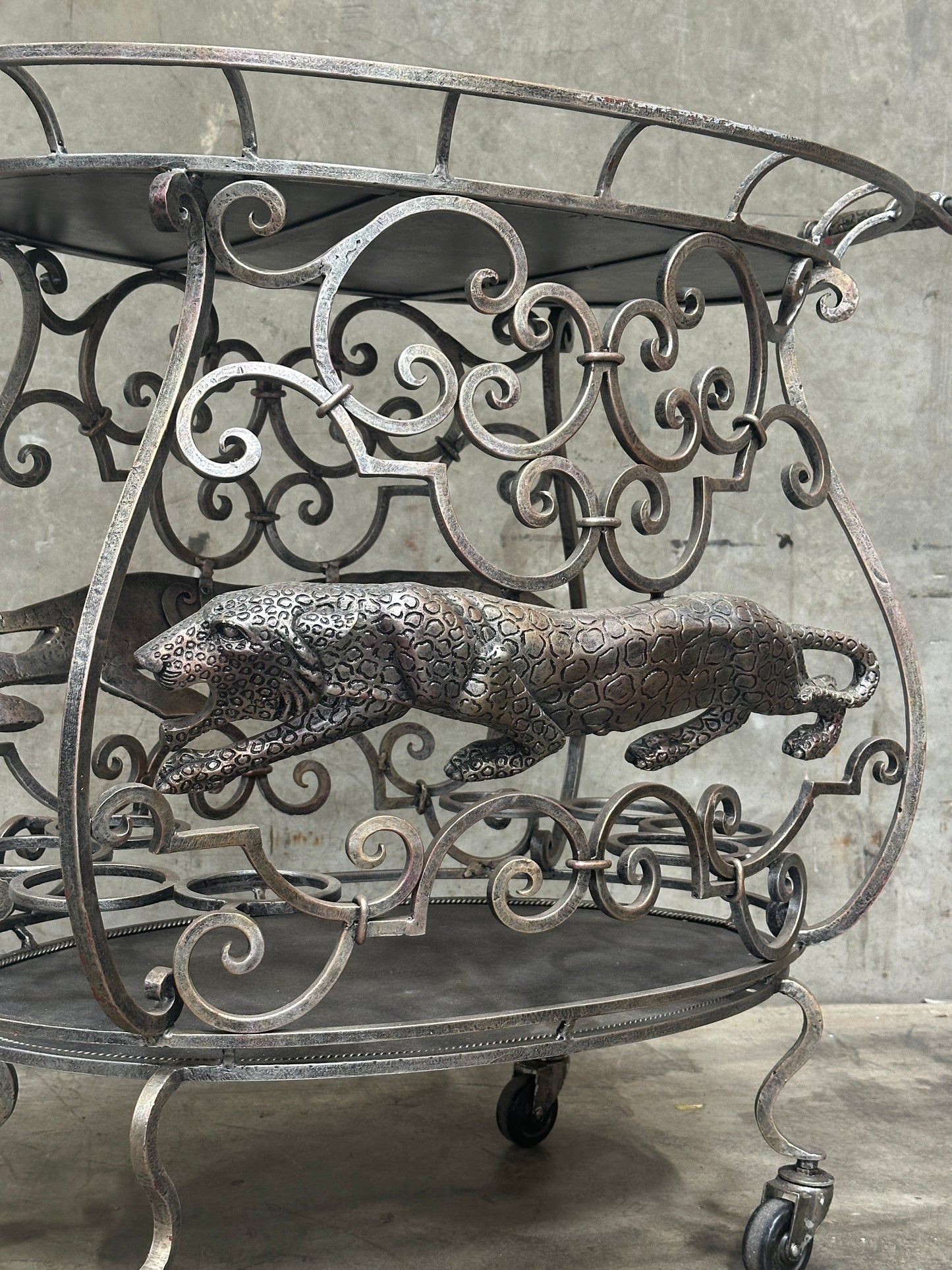 Janice Minor for Neiman Marcus Iron Bar Cart, Figural Lizard, Scrollwork