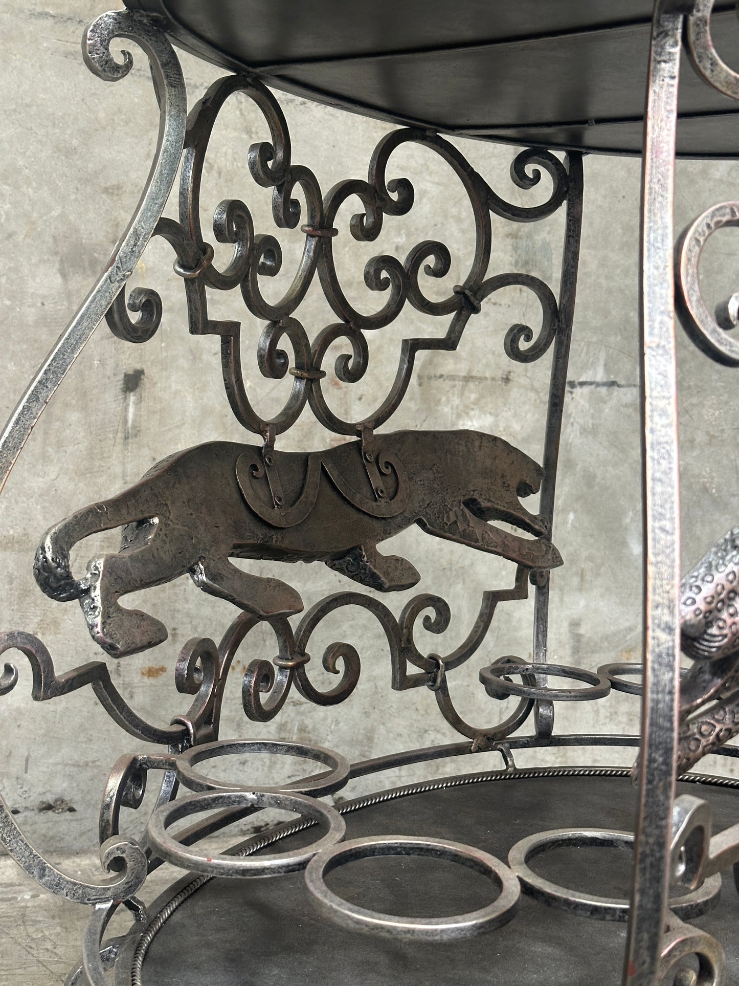 Janice Minor for Neiman Marcus Iron Bar Cart, Figural Lizard, Scrollwork