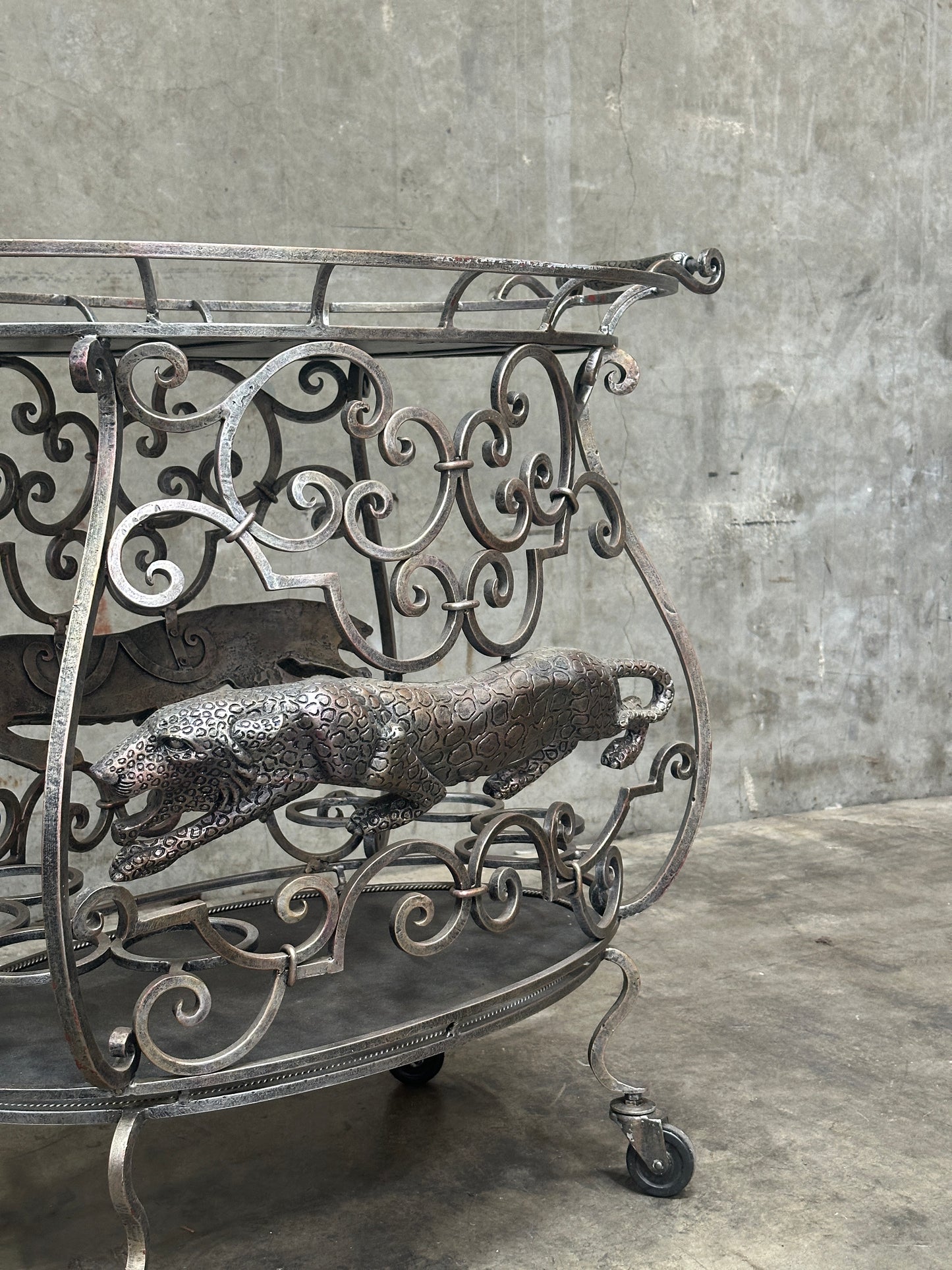 Janice Minor for Neiman Marcus Iron Bar Cart, Figural Lizard, Scrollwork