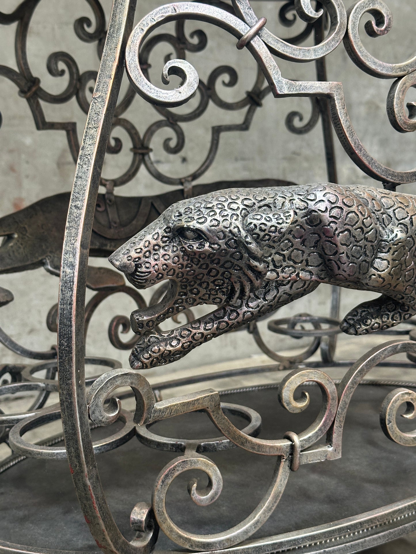 Janice Minor for Neiman Marcus Iron Bar Cart, Figural Lizard, Scrollwork