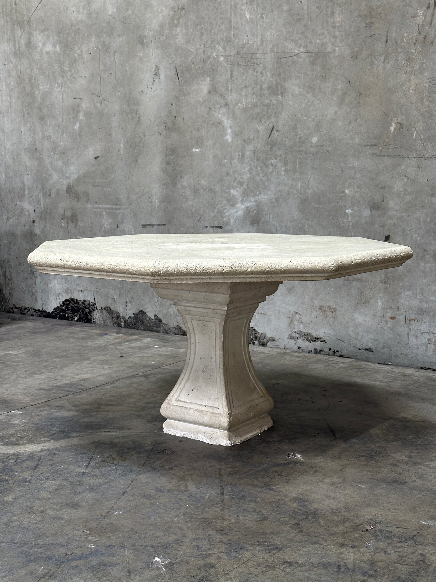 Michael Taylor Cast Stone Pedestal Center Table, Hexagonal Top, Antiqued