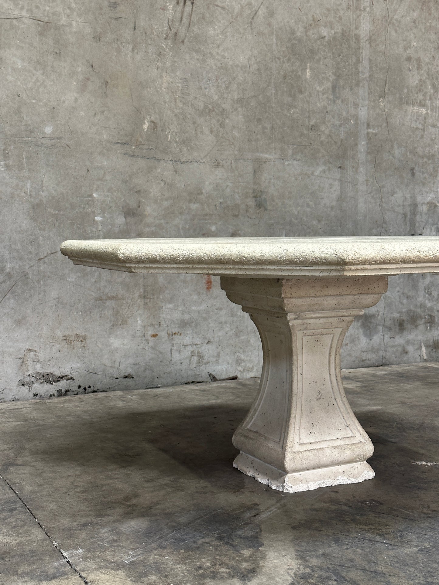 Michael Taylor Cast Stone Pedestal Center Table, Hexagonal Top, Antiqued