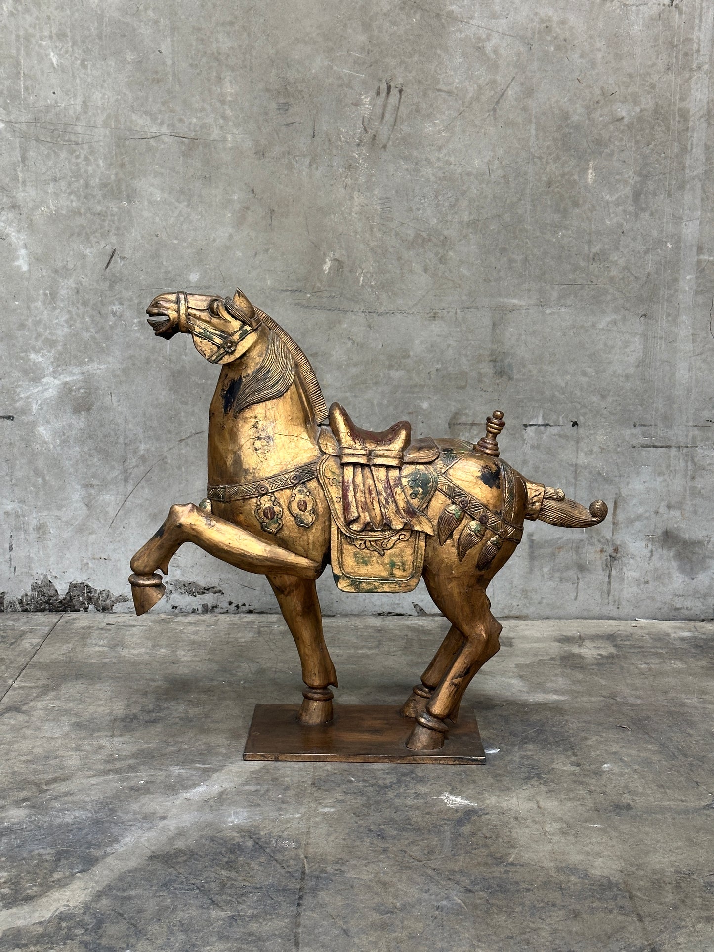 Chinese Tang Dynasty-Style Carved Wood Horse & Rider, Early 20th Century