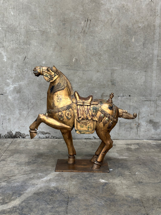 Chinese Tang Dynasty-Style Carved Wood Horse & Rider, Early 20th Century