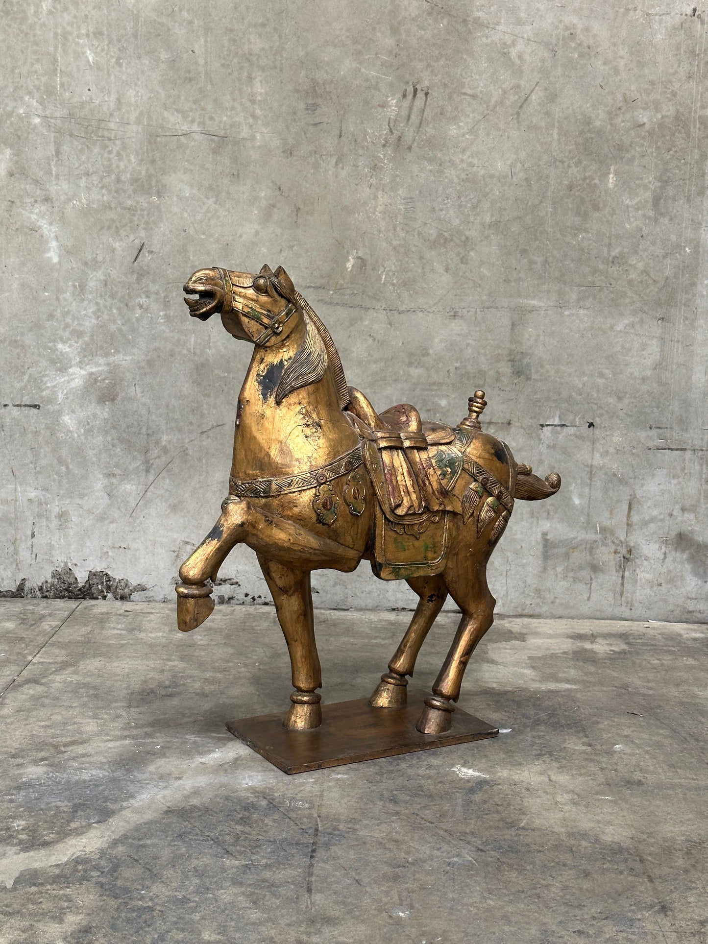 Chinese Tang Dynasty-Style Carved Wood Horse & Rider, Early 20th Century
