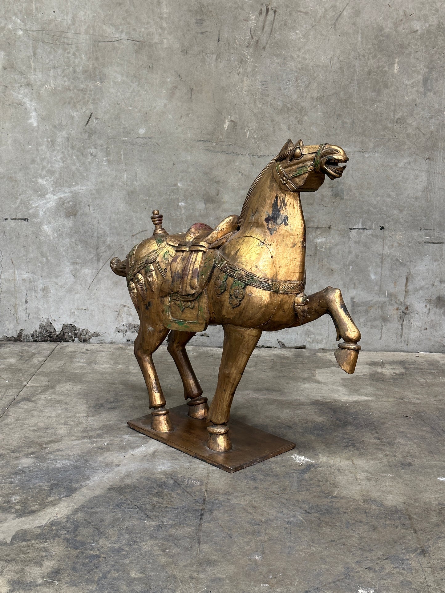 Chinese Tang Dynasty-Style Carved Wood Horse & Rider, Early 20th Century