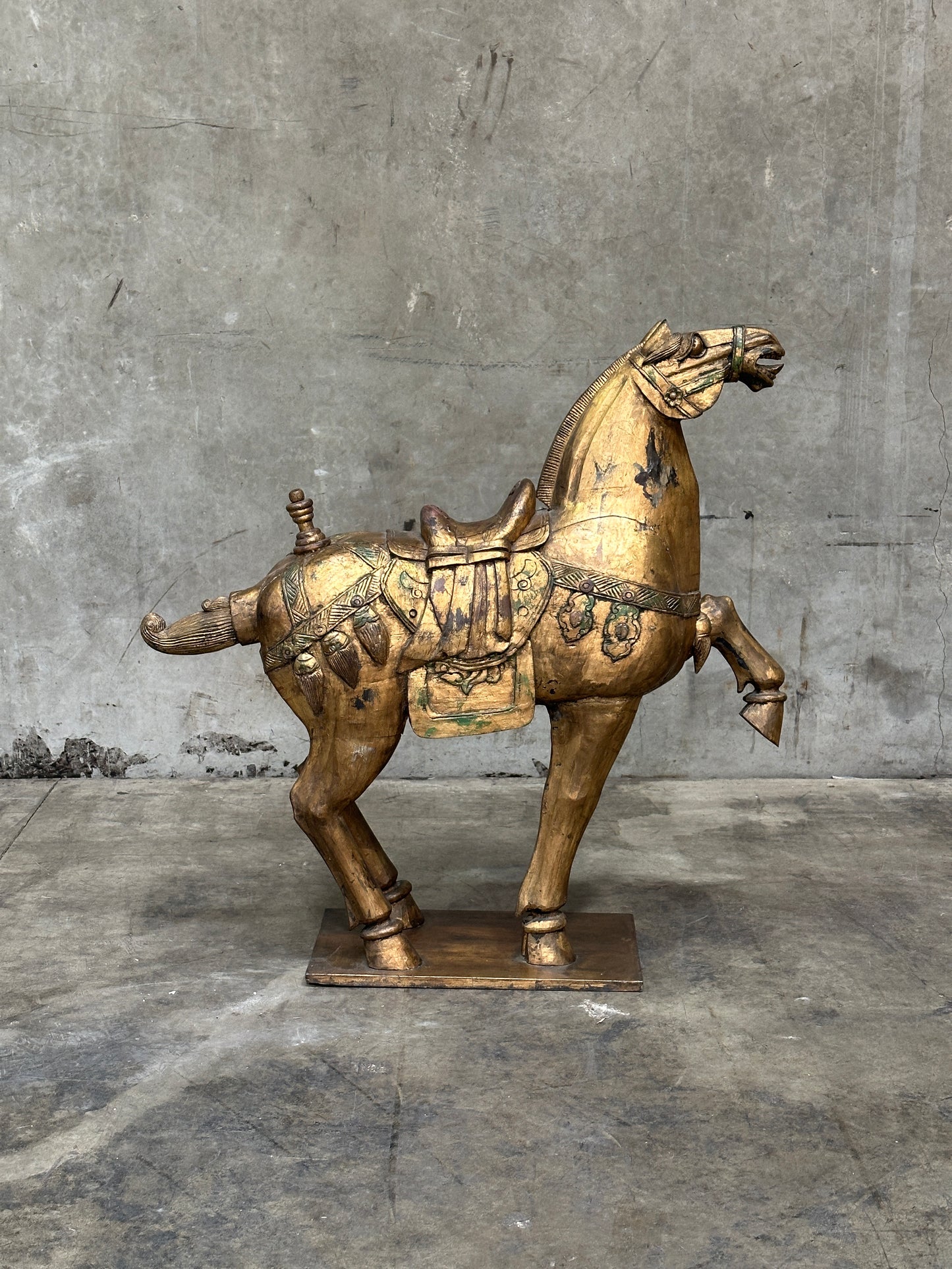 Chinese Tang Dynasty-Style Carved Wood Horse & Rider, Early 20th Century