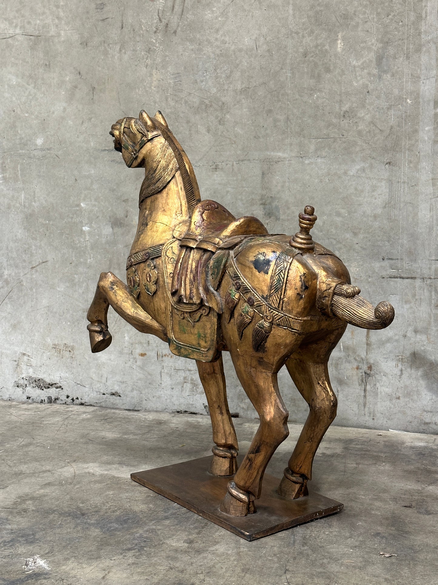 Chinese Tang Dynasty-Style Carved Wood Horse & Rider, Early 20th Century