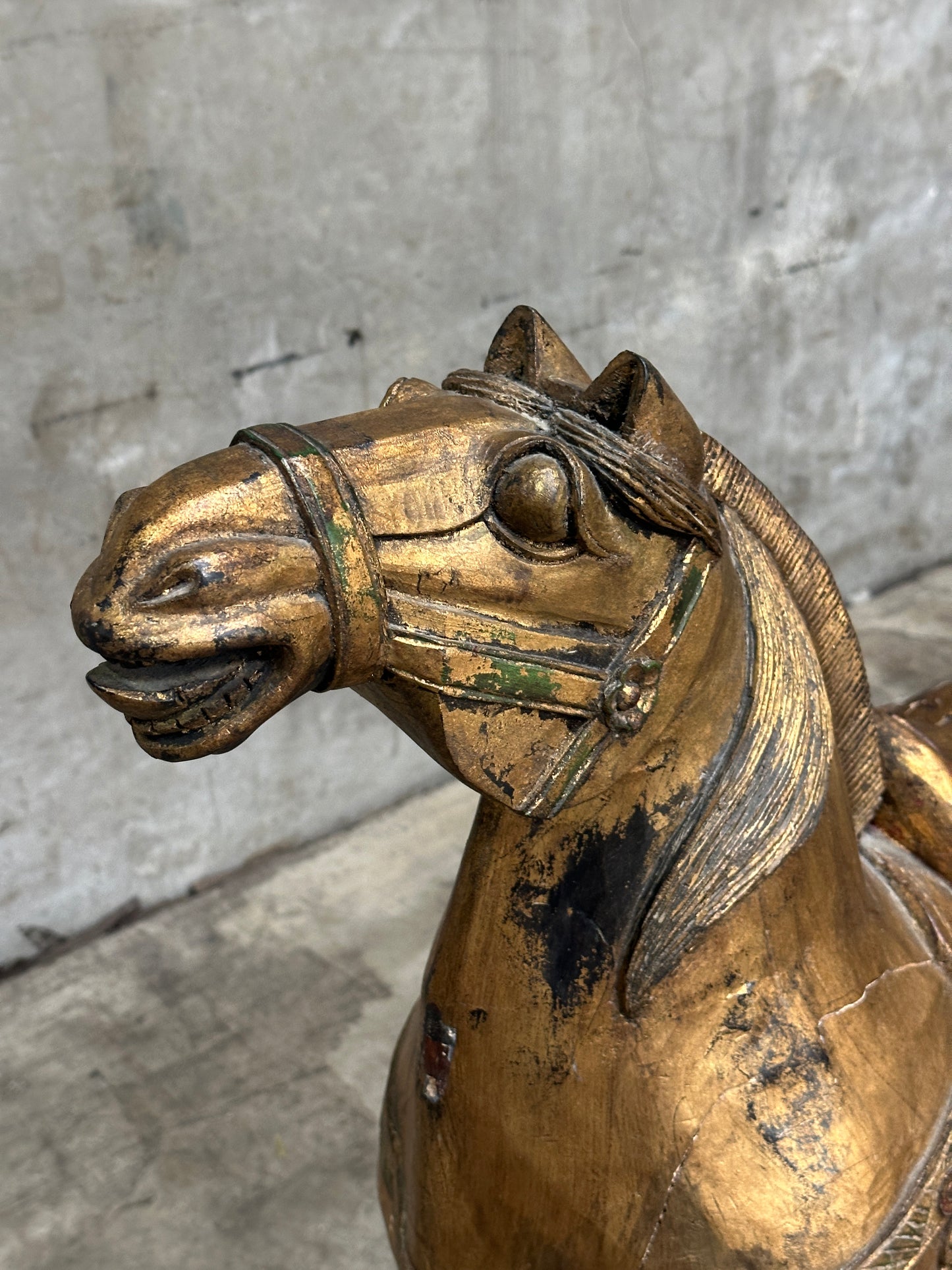 Chinese Tang Dynasty-Style Carved Wood Horse & Rider, Early 20th Century