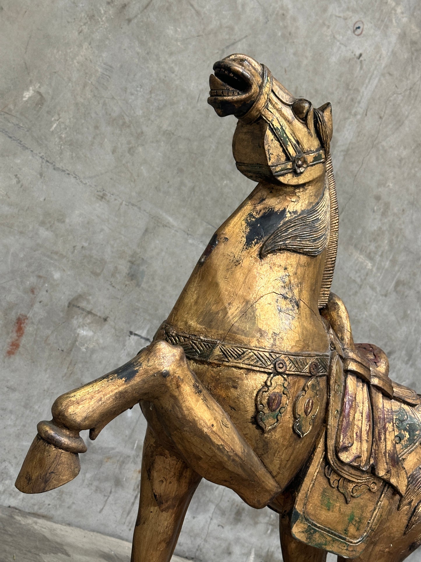 Chinese Tang Dynasty-Style Carved Wood Horse & Rider, Early 20th Century