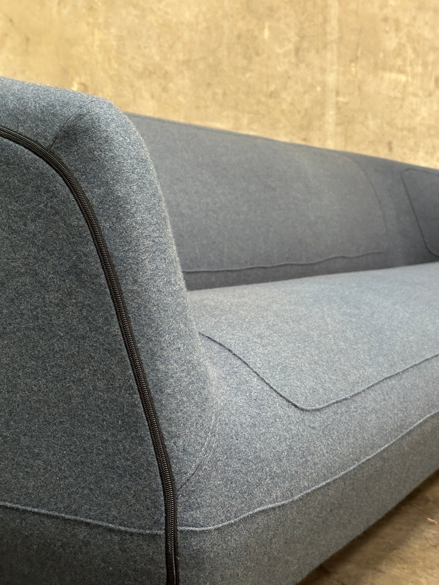 Tacchini Italian Wool/Felt Sofa, Charcoal, Sculpted Seat, Stitched Detail, 87in