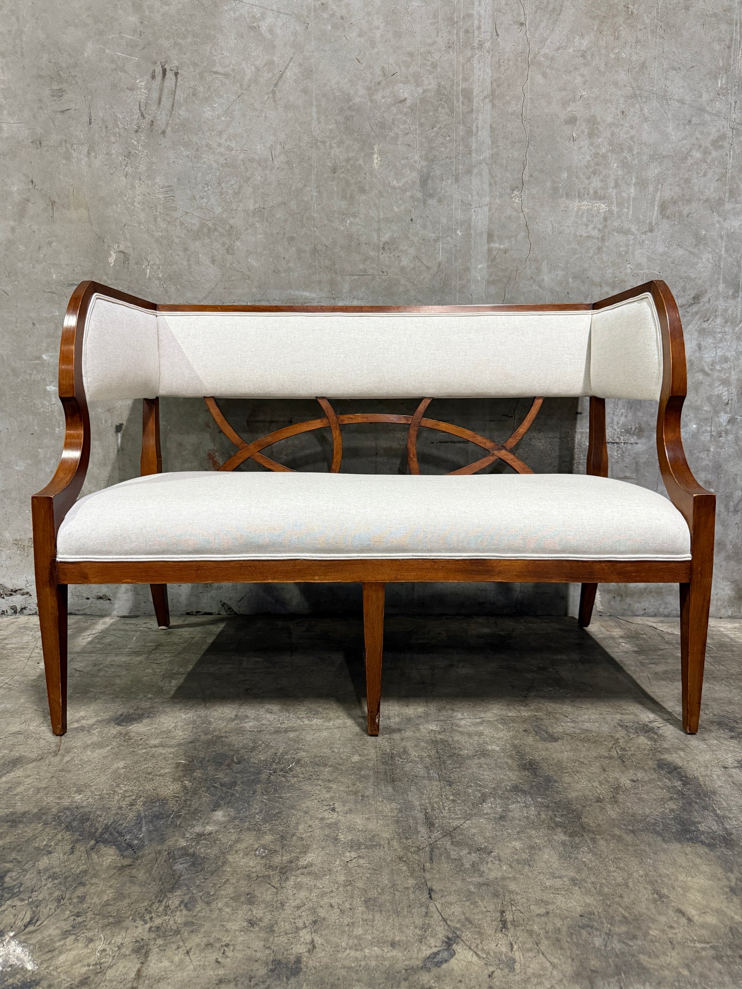 Vintage Reupholstered Wood Settee with Curved Arms & Lattice Back — Mid-Century Regency Style Bench