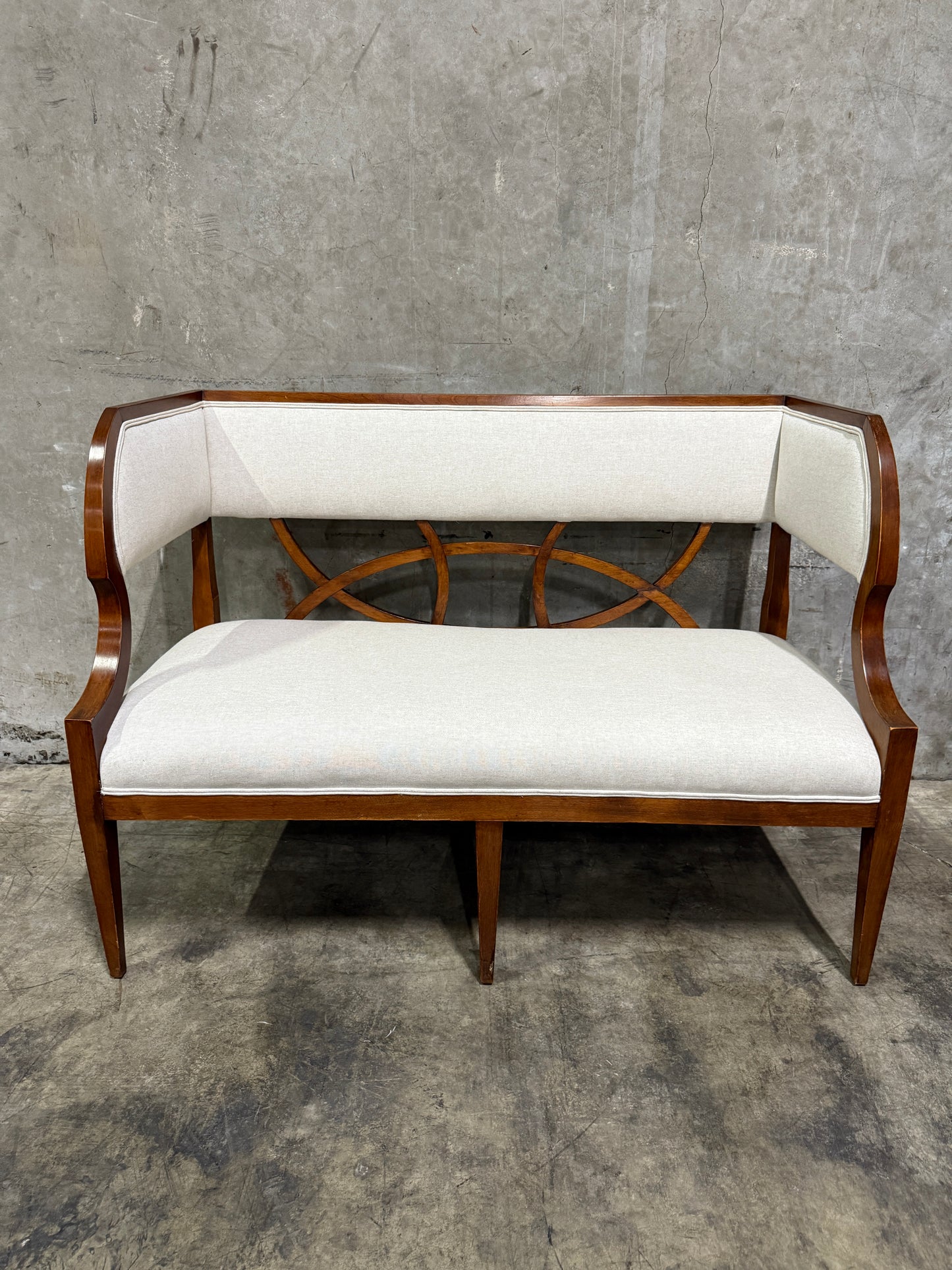 Vintage Reupholstered Wood Settee with Curved Arms & Lattice Back — Mid-Century Regency Style Bench