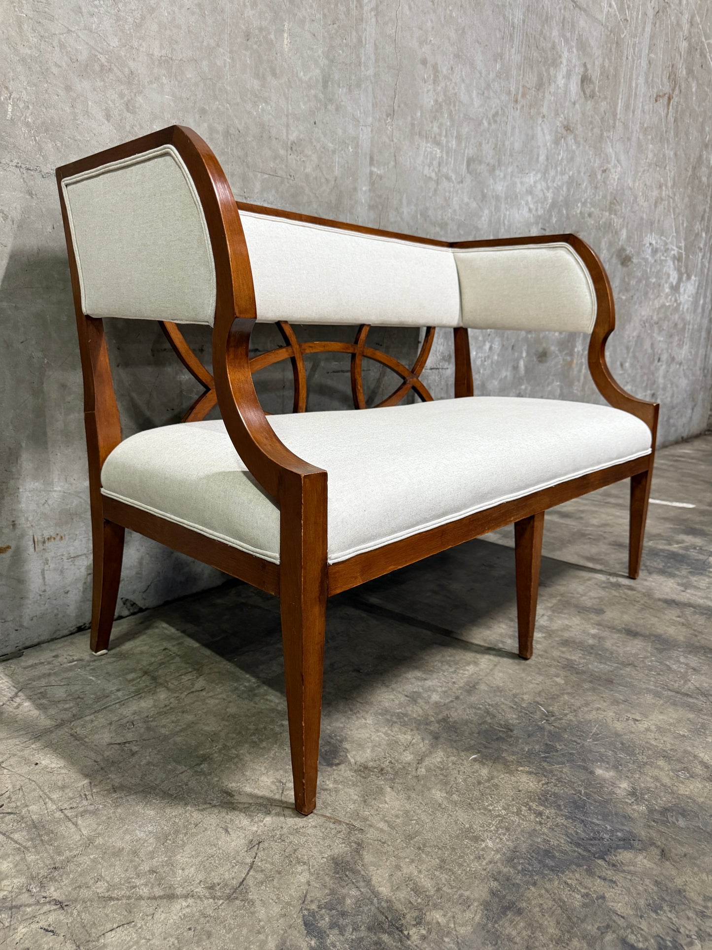 Vintage Reupholstered Wood Settee with Curved Arms & Lattice Back — Mid-Century Regency Style Bench