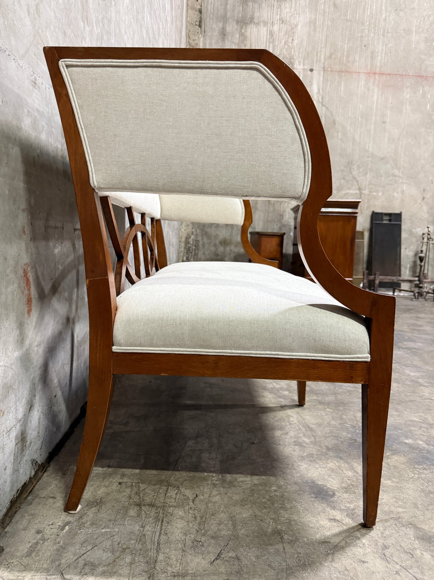 Vintage Reupholstered Wood Settee with Curved Arms & Lattice Back — Mid-Century Regency Style Bench