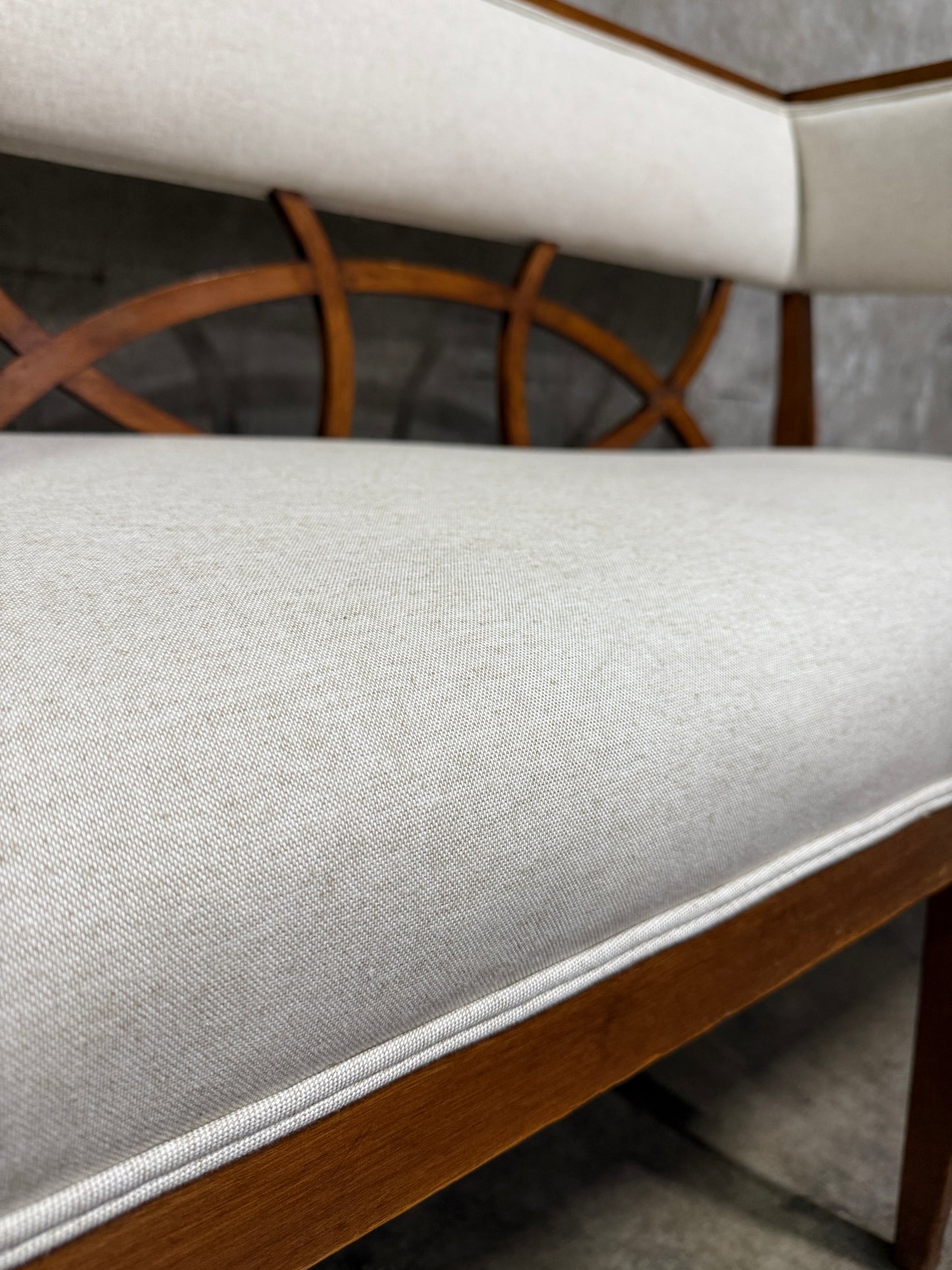 Vintage Reupholstered Wood Settee with Curved Arms & Lattice Back — Mid-Century Regency Style Bench
