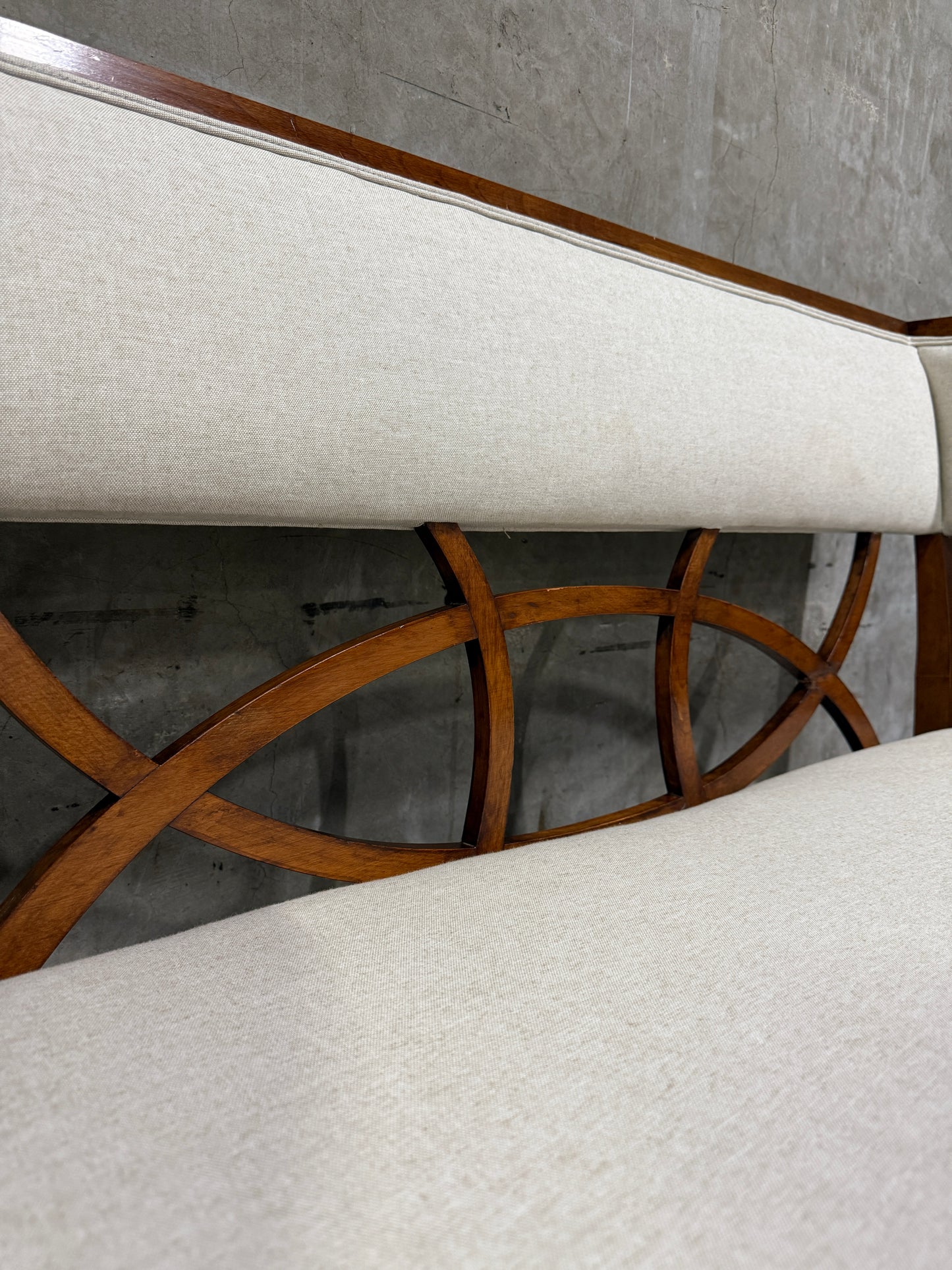 Vintage Reupholstered Wood Settee with Curved Arms & Lattice Back — Mid-Century Regency Style Bench
