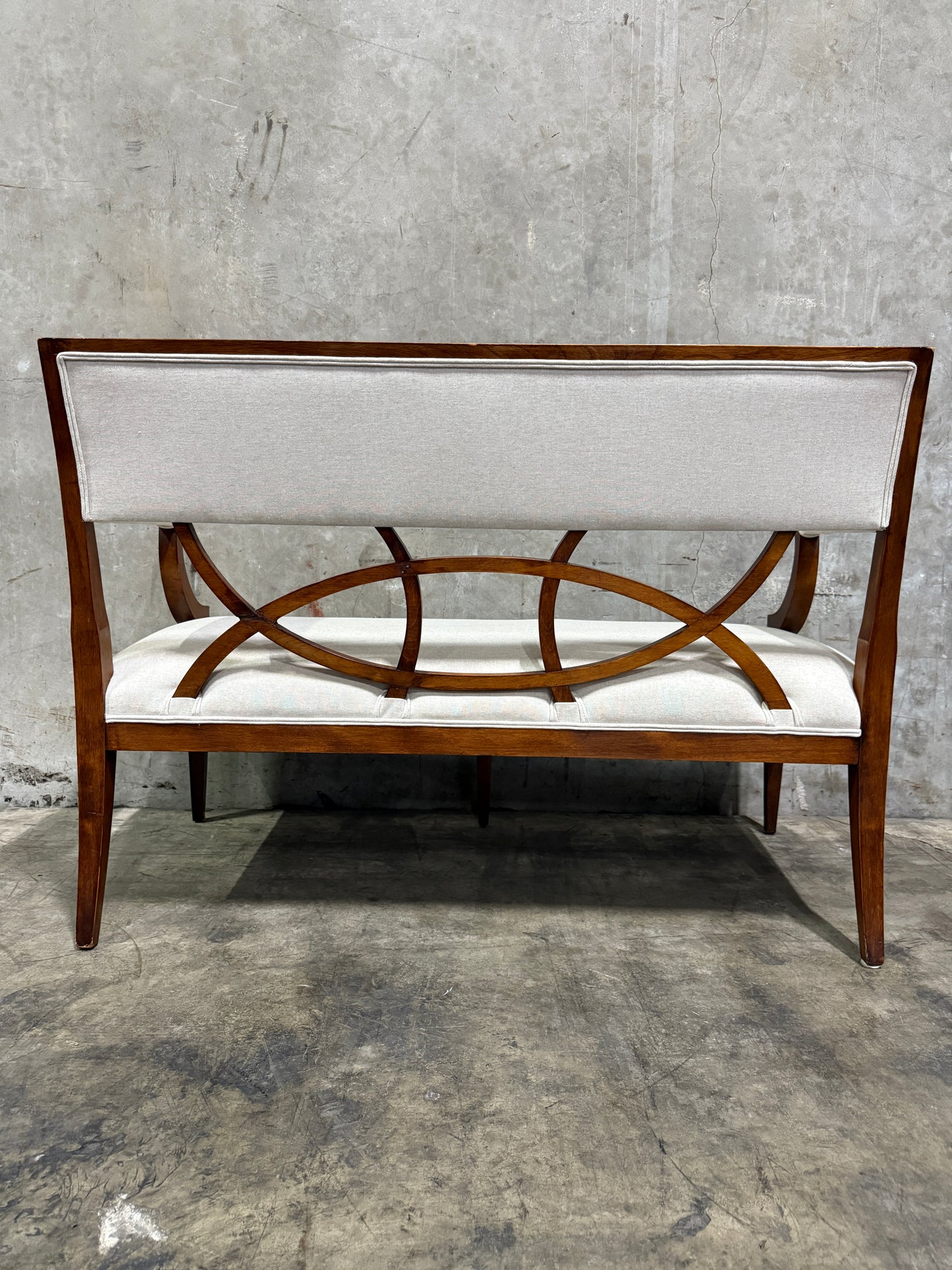 Vintage Reupholstered Wood Settee with Curved Arms & Lattice Back — Mid-Century Regency Style Bench
