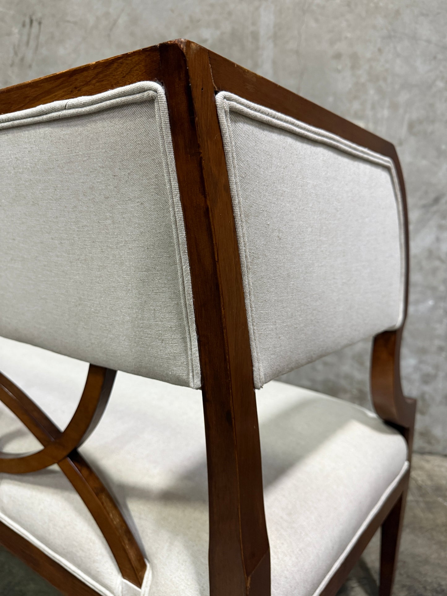 Vintage Reupholstered Wood Settee with Curved Arms & Lattice Back — Mid-Century Regency Style Bench