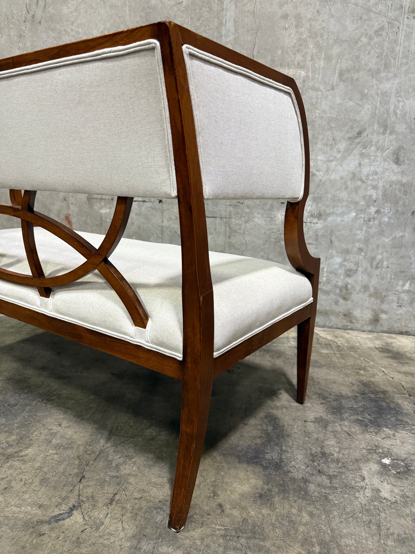 Vintage Reupholstered Wood Settee with Curved Arms & Lattice Back — Mid-Century Regency Style Bench