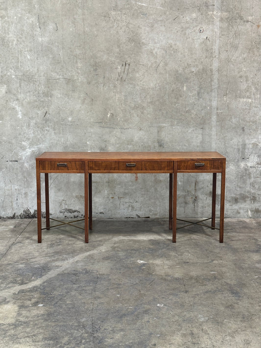 Founders Furniture Walnut Console with Brass X-Stretchers, Jack Cartwright Era
