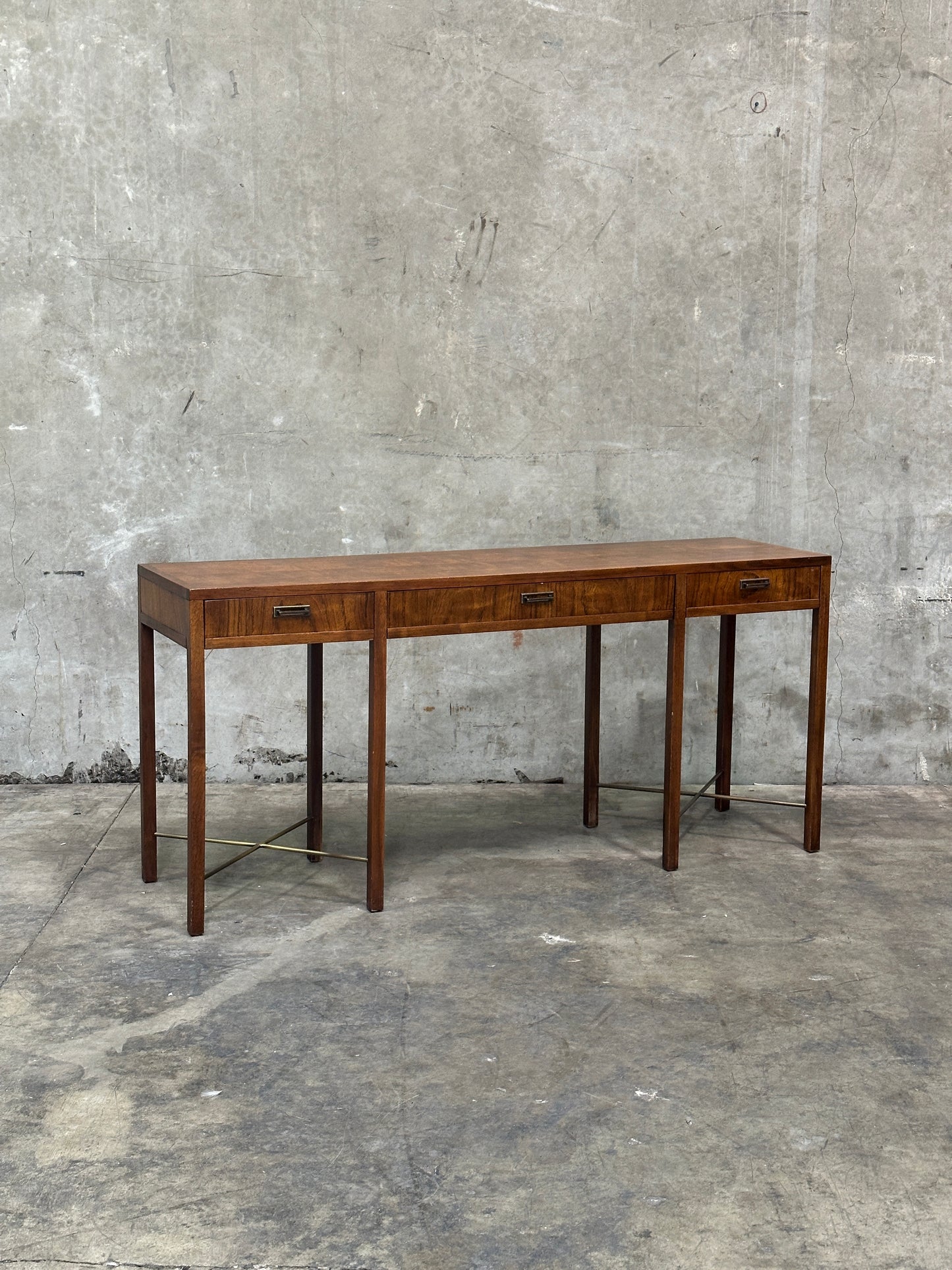 Founders Furniture Walnut Console with Brass X-Stretchers, Jack Cartwright Era