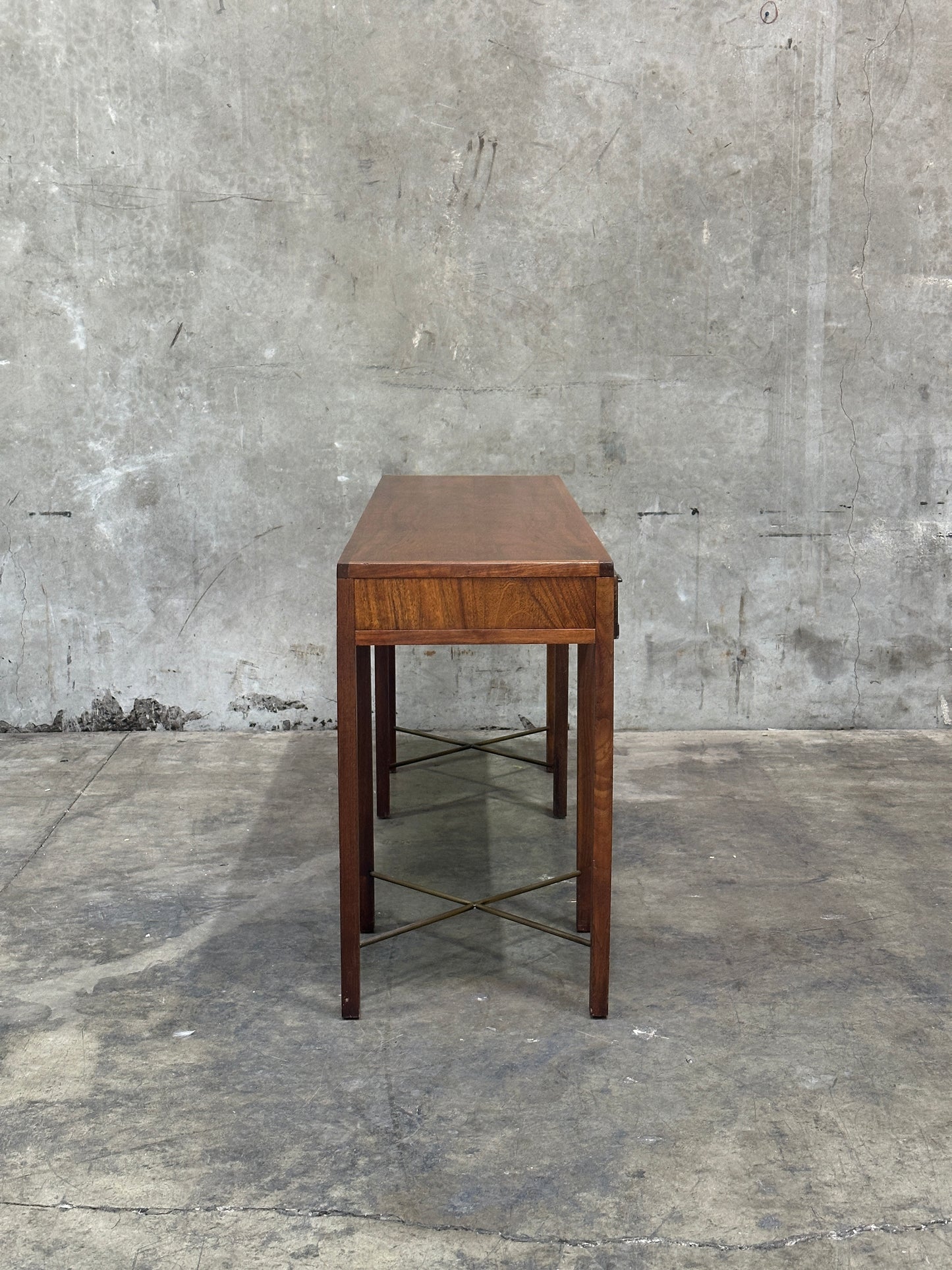 Founders Furniture Walnut Console with Brass X-Stretchers, Jack Cartwright Era