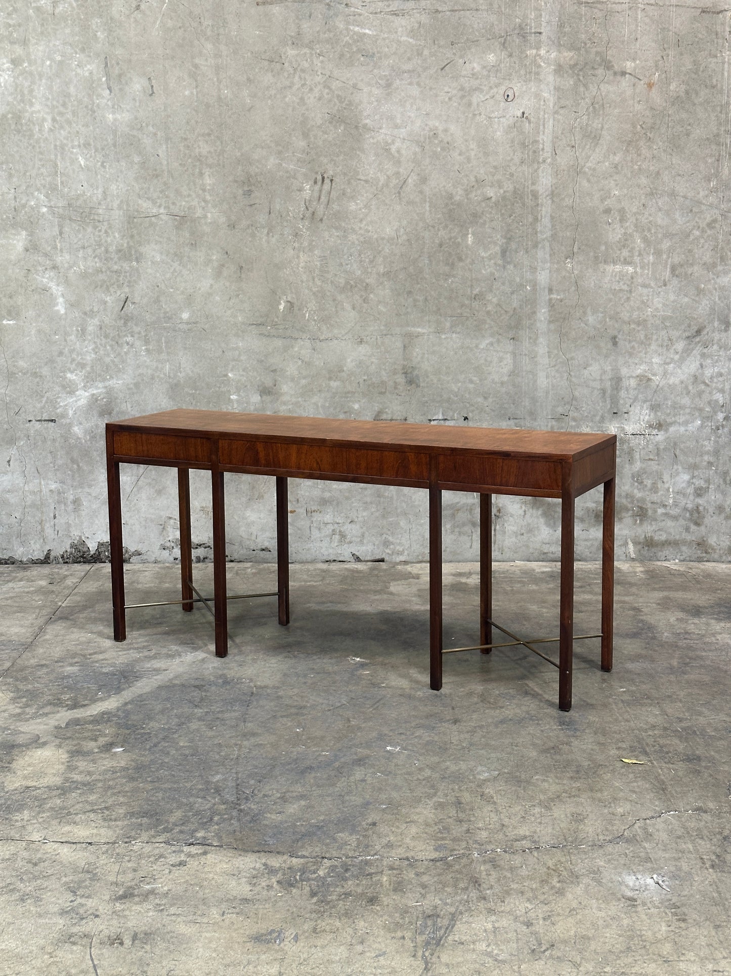 Founders Furniture Walnut Console with Brass X-Stretchers, Jack Cartwright Era