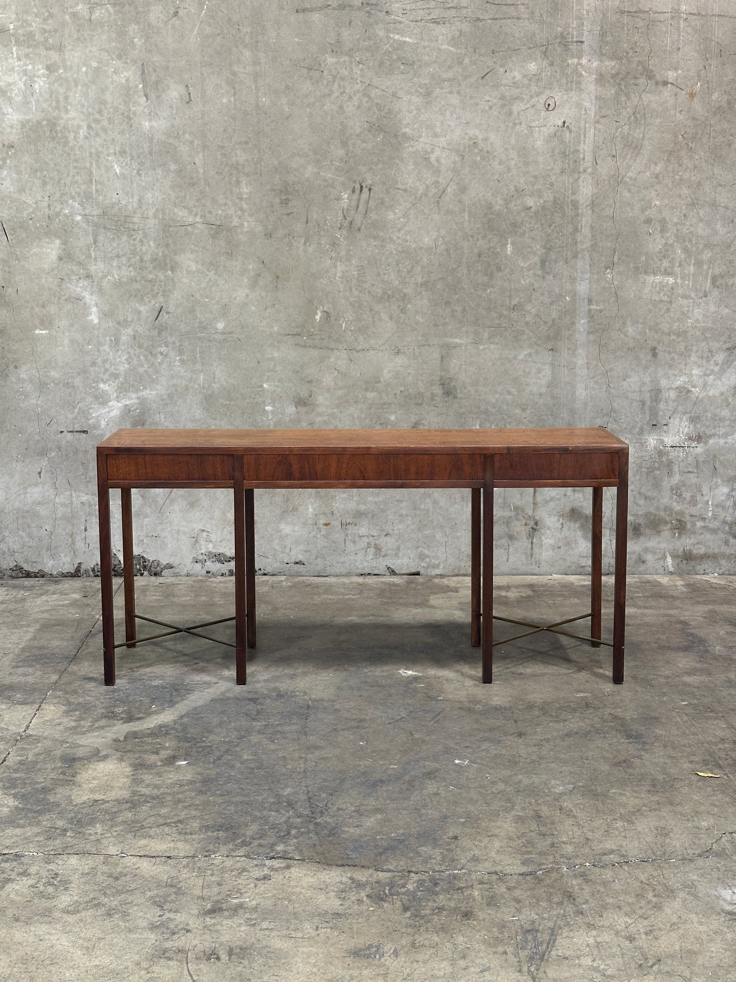 Founders Furniture Walnut Console with Brass X-Stretchers, Jack Cartwright Era