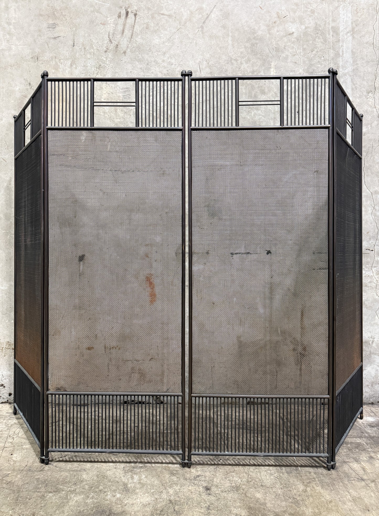 Vintage 1950s Wrought Iron 4-Panel Fireplace Screen – Mid-Century Modern Architectural Mesh Design, 57” Wide