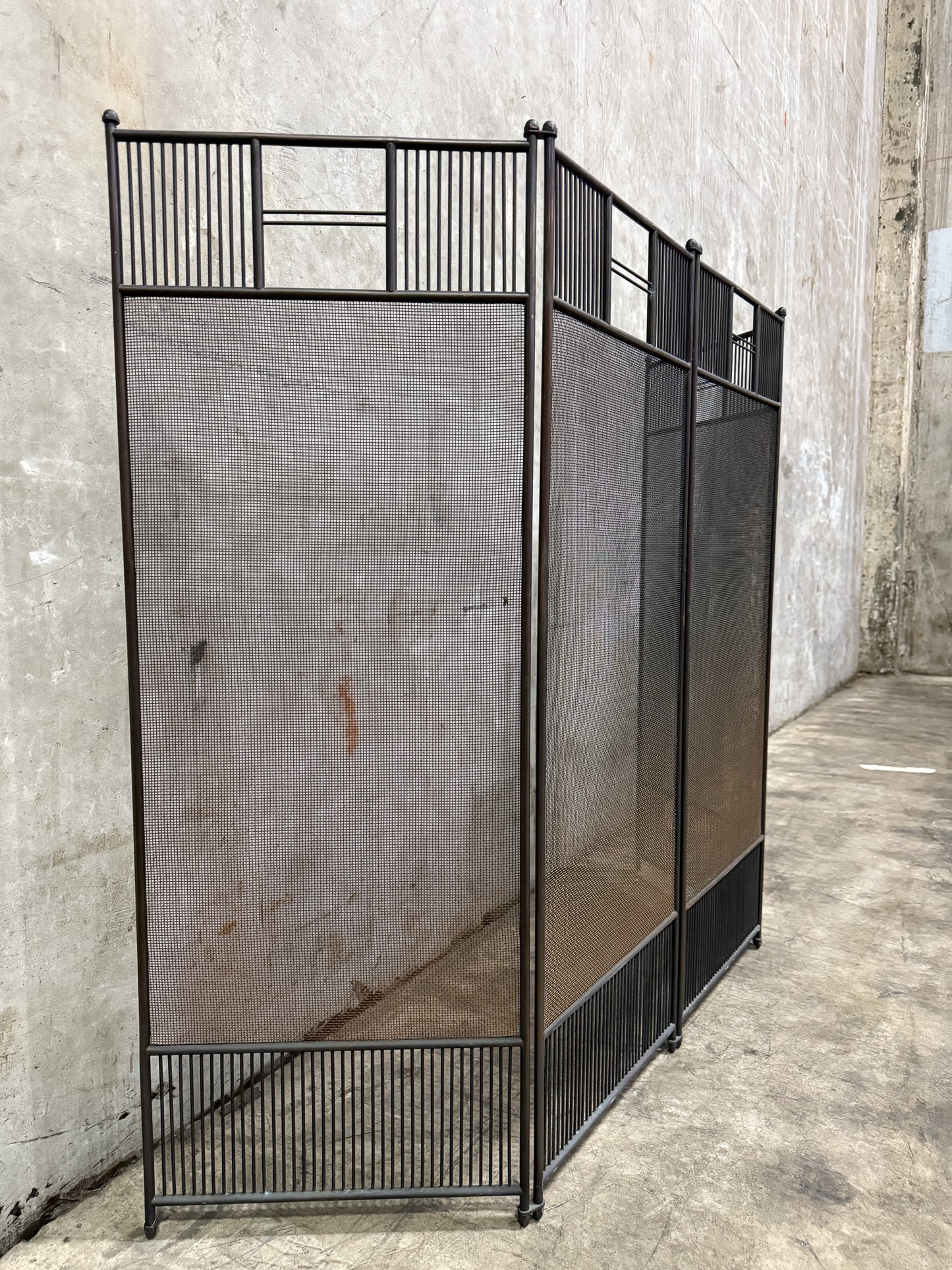 Vintage 1950s Wrought Iron 4-Panel Fireplace Screen – Mid-Century Modern Architectural Mesh Design, 57” Wide