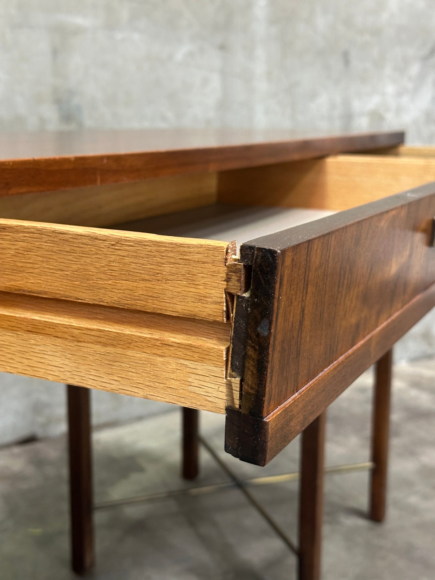 Founders Furniture Walnut Console with Brass X-Stretchers, Jack Cartwright Era