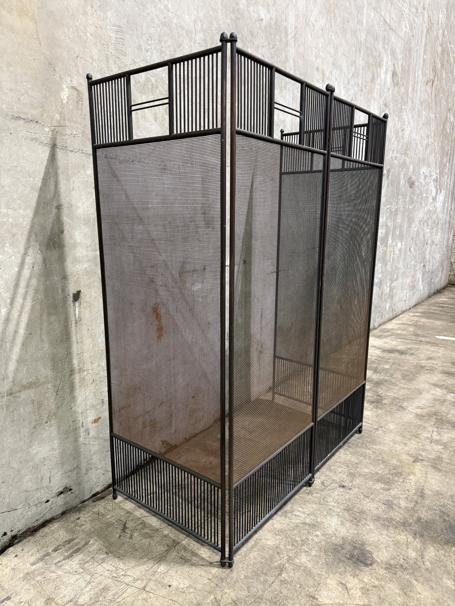 Vintage 1950s Wrought Iron 4-Panel Fireplace Screen – Mid-Century Modern Architectural Mesh Design, 57” Wide