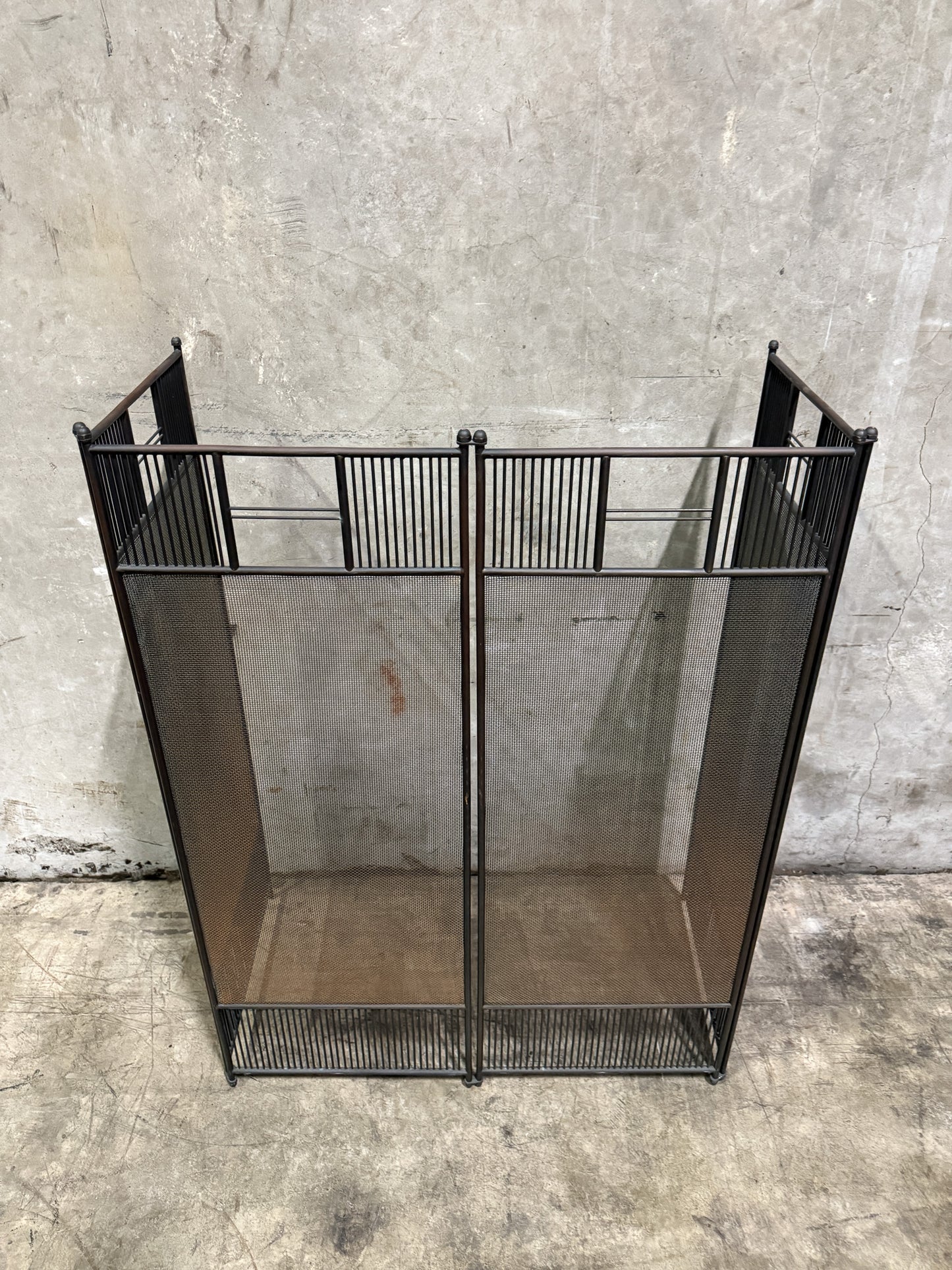 Vintage 1950s Wrought Iron 4-Panel Fireplace Screen – Mid-Century Modern Architectural Mesh Design, 57” Wide