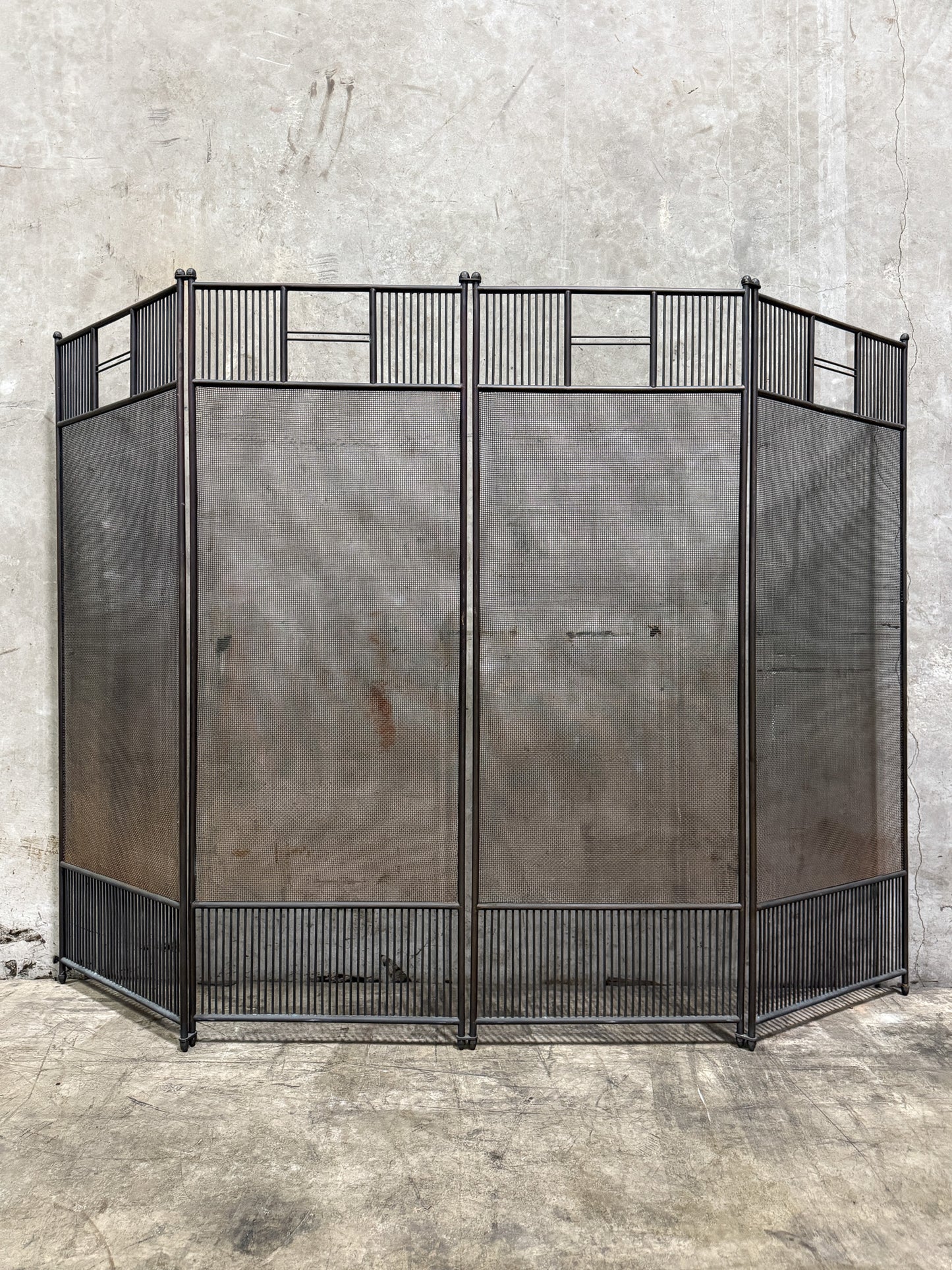 Vintage 1950s Wrought Iron 4-Panel Fireplace Screen – Mid-Century Modern Architectural Mesh Design, 57” Wide