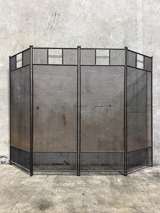 Vintage 1950s Wrought Iron 4-Panel Fireplace Screen – Mid-Century Modern Architectural Mesh Design, 57” Wide