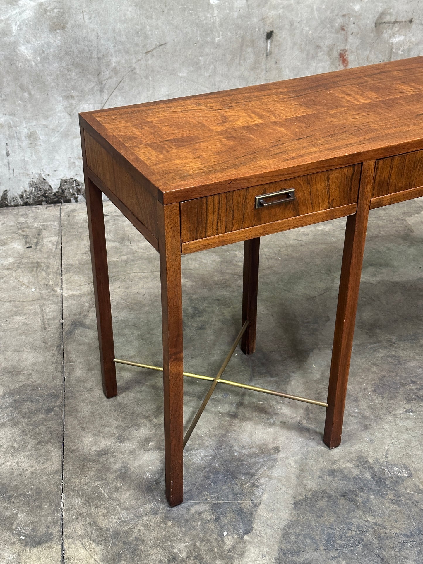 Founders Furniture Walnut Console with Brass X-Stretchers, Jack Cartwright Era