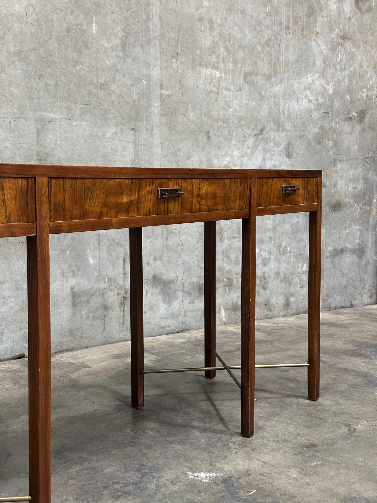 Founders Furniture Walnut Console with Brass X-Stretchers, Jack Cartwright Era