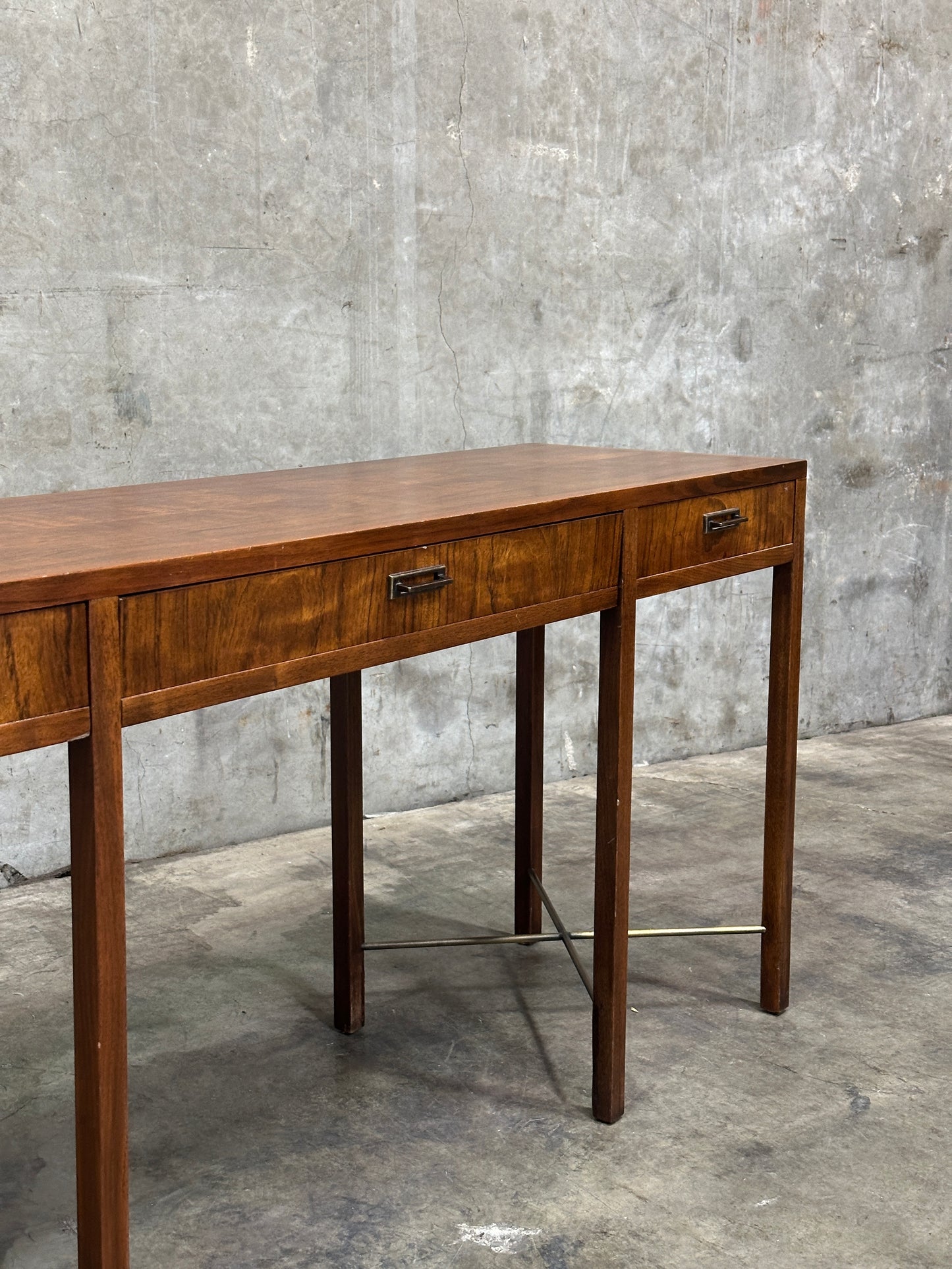 Founders Furniture Walnut Console with Brass X-Stretchers, Jack Cartwright Era