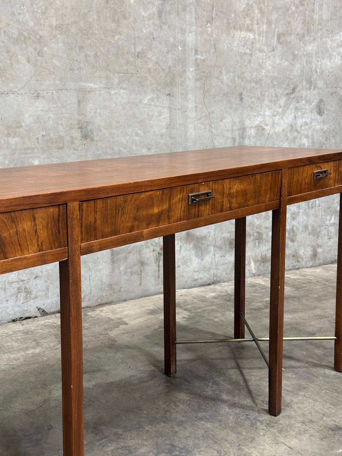 Founders Furniture Walnut Console with Brass X-Stretchers, Jack Cartwright Era