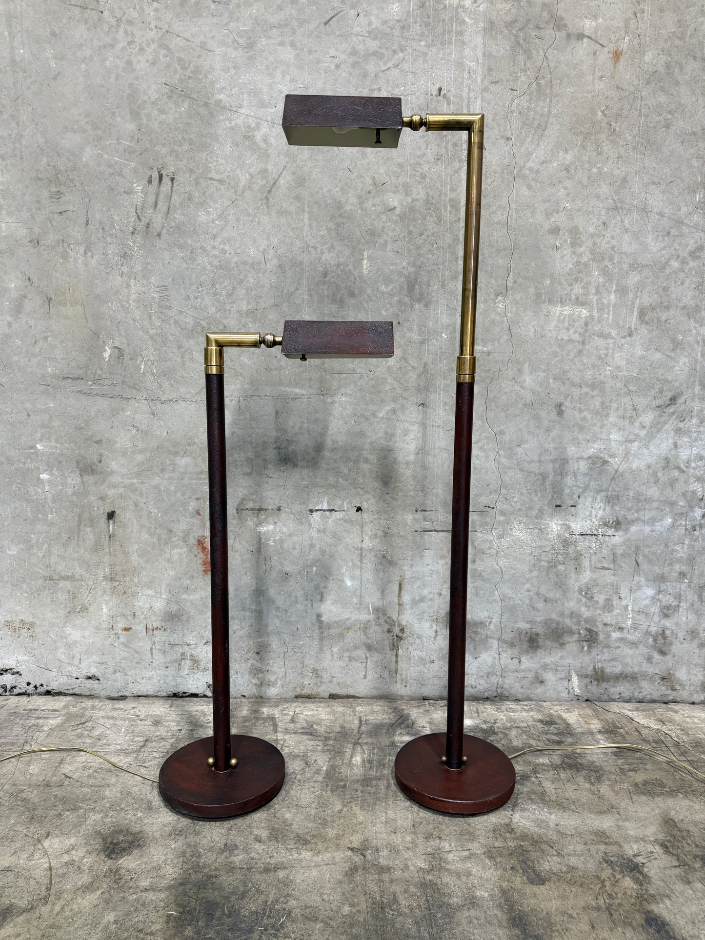 Midcentury Adjustable Floor Lamps — Brass & Textured Metal Directional Lamps (Pair)